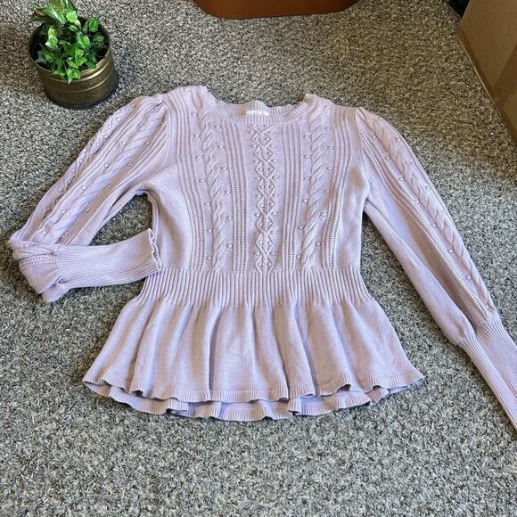 Rachel Parcell Lilac Cable Knit Peplum Sweater Size L Puff Sleeves Puff Balls - Picture 1 of 5